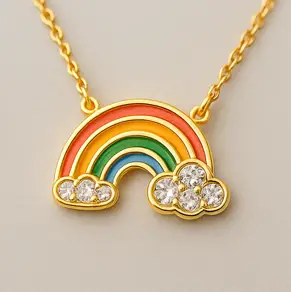 Collar Arcoíris Dorado Collar dorado con dije de arcoíris esmaltado en colores vivos y nubes con cristales brillantes, símbolo de alegría y esperanza.